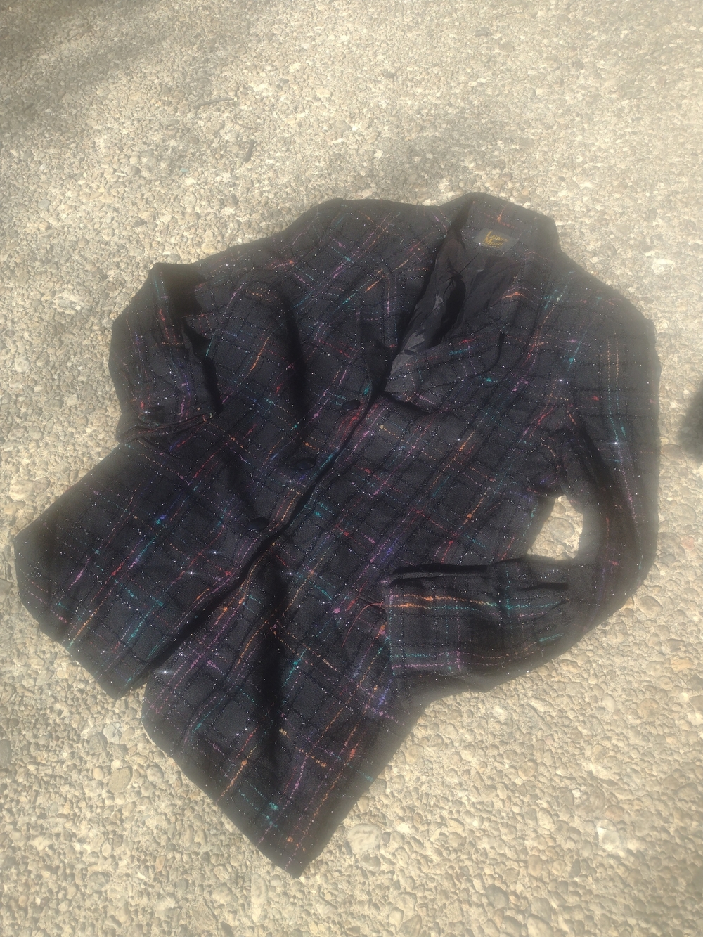 Vintage Black Tweed Blazer with Multicolor Metallic Thread